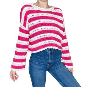 89th & Madison Pink & White Striped Cropped Flare Sleeve Crochet Sweater